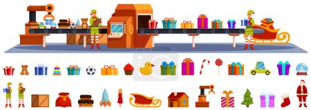 Christmas factory conveyor vector. A cartoon of elves working in a factory with a conveyor belt of presents. The elves are busy sorting through the presents, with some of them being toys. The scene is