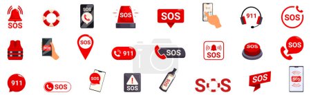 Sos Zeichenvektor. Eine Sammlung von Symbolen für den SOS-Knopf, darunter ein Handy, eine Flasche, ein roter SOS-Knopf und ein rotes SOS-Zeichen
