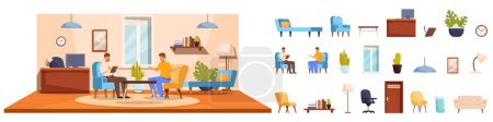 Illustration for Psychologist office vector. A man and a woman are sitting in a living room. The man is holding a book and the woman is holding a tablet. The room is furnished with a couch, a chair, and a potted plant - Royalty Free Image