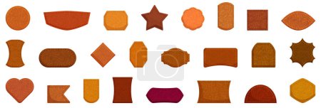 leather labels stitches vector. A collection of various shapes and sizes of brown and orange objects. The shapes are all different and appear to be made of different materials