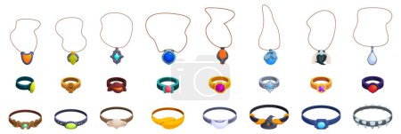 Hexenschmuck. Eine Kollektion von Halsketten und Ringen wird in einer Reihe gezeigt. Die Halsketten sind in verschiedenen Größen und Farben, und die Ringe sind auch in verschiedenen Größen und Farben. Szene ist eine von
