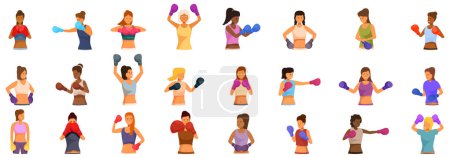 Gants de boxe femme vecteur. Un groupe de femmes est représenté dans diverses poses, certaines portant des gants de boxe. Concept d'autonomisation et de force, car les femmes sont représentées comme confiantes et athlétiques