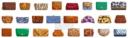 Animal print wallets vector. A collection of purses with animal prints. Some are green, some are brown, and some are blue