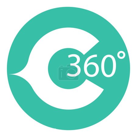 Un símbolo de vista minimalista de 360 grados en blanco sobre un telón de fondo circular en verde azulado