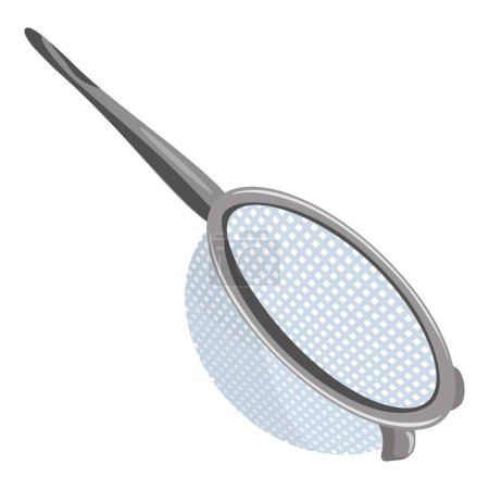 Isometric vector illustration of a modern kitchen utensil strainer with handle, made of metal wire mesh, isolated on white background. Perfect for cooking, food preparation, and filtering