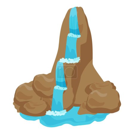 Lebendige Illustration eines doppelten Wasserfalls im Cartoonstil, der in einen blauen Pool fällt, der von Felsen umgeben ist
