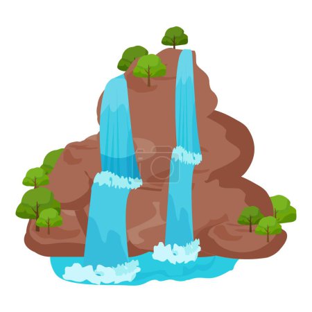 Atemberaubende Cartoon-Vektor-Illustration einer ruhigen. Unberührt. Und idyllische Wasserfalllandschaft mit leuchtenden Farben und üppigem Grün. Darstellung der Schönheit der Natur und des ökologischen Schutzes