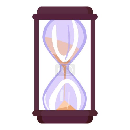 Ilustración de reloj de arena de estilo vintage con marco de madera y vidrio de arena púrpura sobre fondo blanco, que representa el tiempo, la cuenta atrás y el concepto de gestión en el diseño clásico antiguo