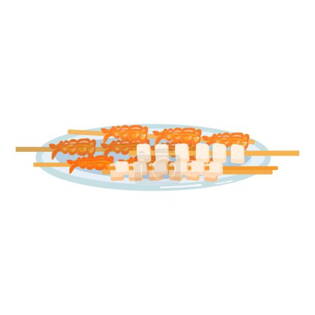 Digital illustration of delicious skewers with meat, vegetables and tofu on a plate, isolated on white