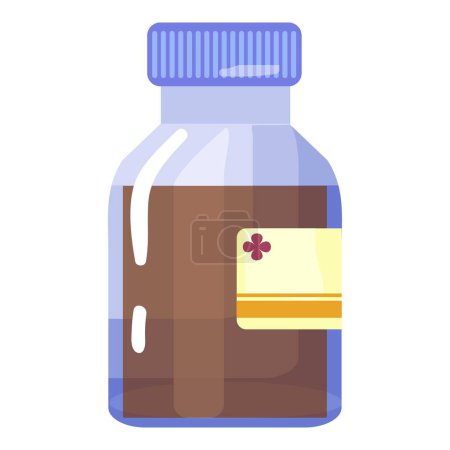 Colorful cartoon medicine bottle illustration with cute label and childproof purple cap on white background. Perfect for pharmaceutical, healthcare, and medication concept designs