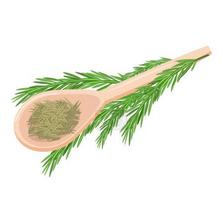Illustration for Illustration of a wooden spoon filled with rosemary needles beside a fresh sprig - Royalty Free Image
