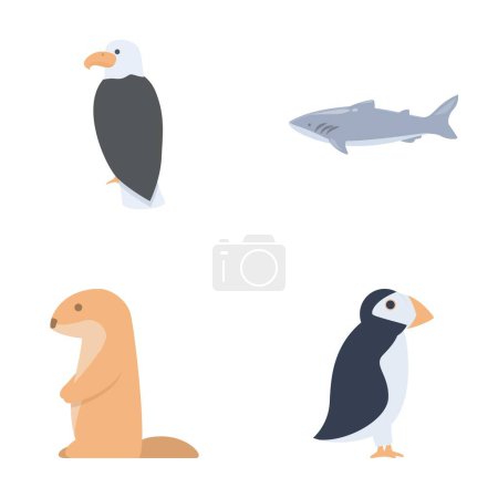 Illustration for Alaska animal icons set cartoon vector. Antarctic and arctic animal. Environment, wildlife - Royalty Free Image