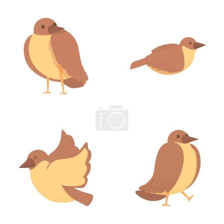 Illustration for Sparrow icons set cartoon vector. Cute cheerful brown sparrow. Little bird - Royalty Free Image