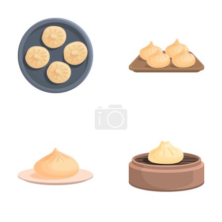 Baozi icons set cartoon vector. Baozi with bamboo steamer basket. Asian food