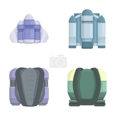 Jetpack icons set cartoon vector. Equipment for personal air flight. Future technology