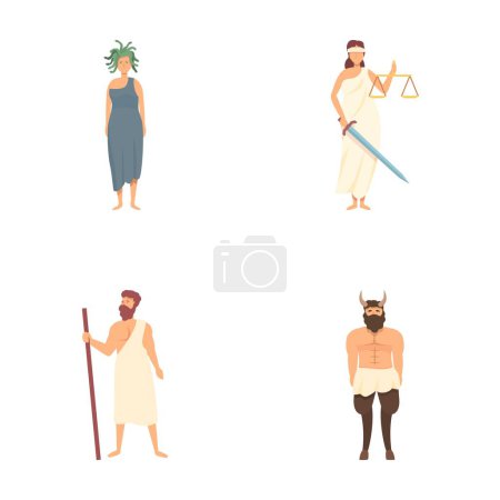 Vier Vektorillustrationen, die griechische mythologische Figuren isoliert auf weißem Hintergrund darstellen