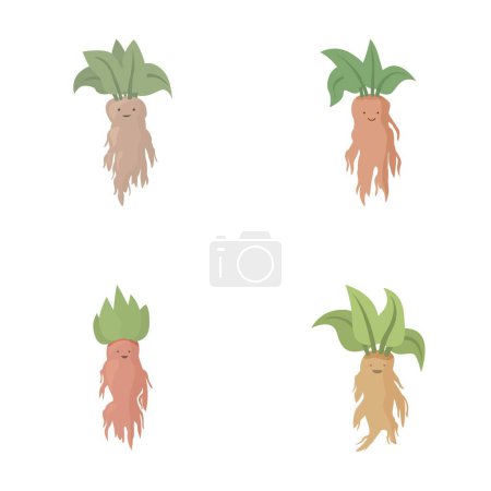 Collection of cute and cheerful cartoon mandrake root characters in a magical and enchanting botanical garden setting, perfect for childrens storybooks and animation