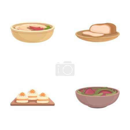 Diverse collection of vector illustrations of assorted international cuisine and food items, including soup, bread, appetizers, salad, and more, representing culinary diversity from around the world