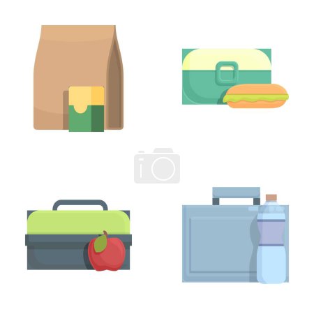 Vector collection of various lunch bags and boxes with simplistic design, perfect for educational content