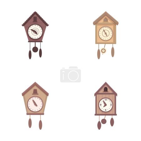 Collection of traditional wooden cuckoo clocks in various designs, isolated on a white background