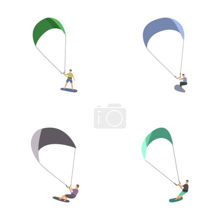 Vektor-Illustrationen von vier Gleitschirmen mit bunten Fallschirmen, isoliert auf weiß