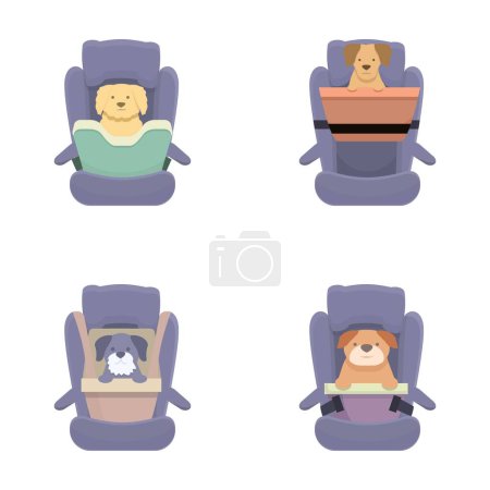 Ilustración de Conjunto de cuatro adorables perros de dibujos animados sentados con seguridad en diferentes estilos de asientos de coche - Imagen libre de derechos