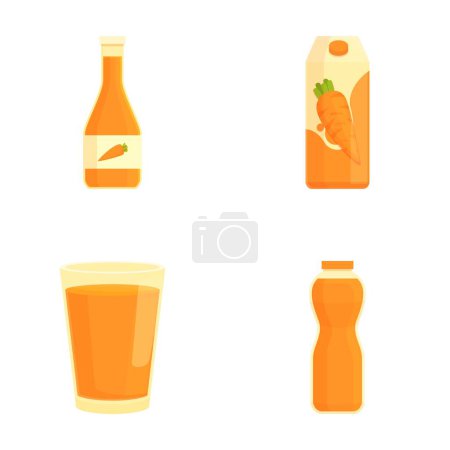 Quatre icônes colorées représentant le jus de carotte dans différents récipients