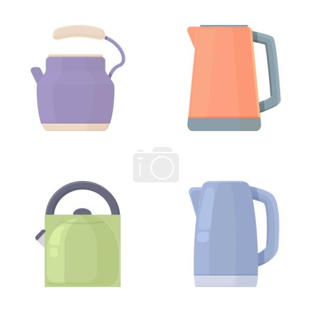 Sammlung von vier Abbildungen von Wasserkochern, die verschiedene Stile und Farben präsentieren