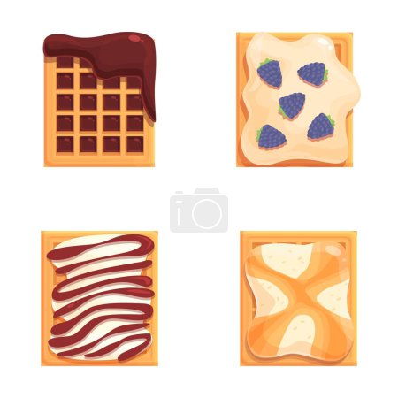 Assorted toast toppings vector set for delicious and healthy breakfast menu design with sweet chocolate spread, berry jam, creamy cheese, and gourmet options