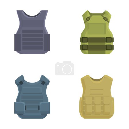 Four flat design icons depicting different styles and colors of modern tactical vests