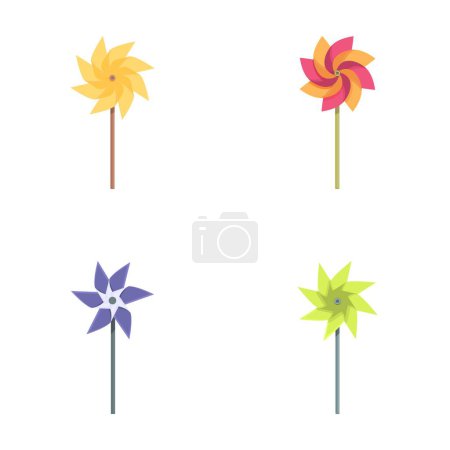 Vier verschiedene Windräder im Cartoonstil in leuchtenden Farben, ideal für Dekorationen und Partys