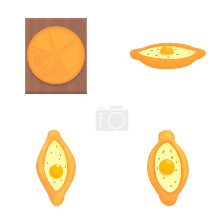 Illustration for Four colorful vector illustrations of traditional georgian khachapuri in various shapes - Royalty Free Image