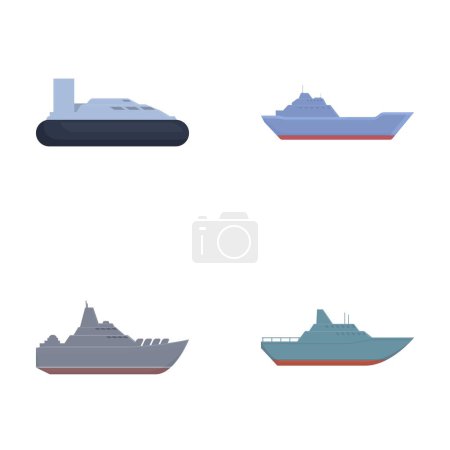 Collection of flat vector illustrations of different types of cartoon ships including passenger, cargo, and naval ships