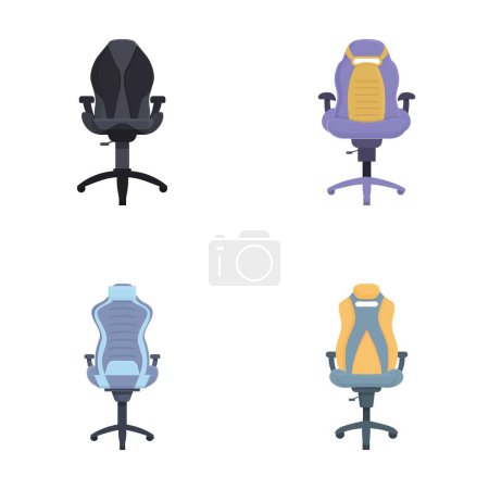 Four colorful vector illustrations of empty ergonomic office chairs on a white background