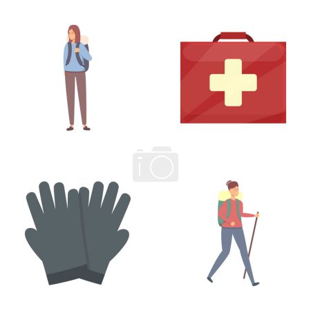 Illustrations vectorielles d'une voyageuse, trousse de premiers soins, gants et randonneuse