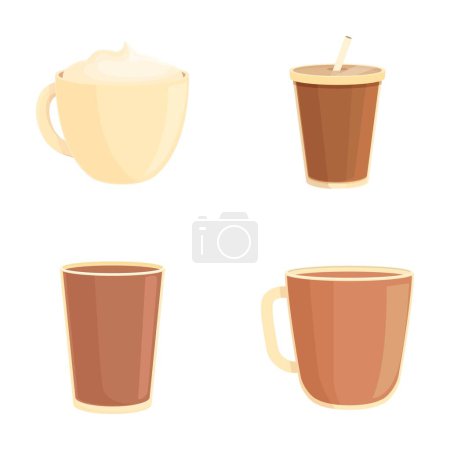 Sammlung von vier Kaffeetassen im Cartoonstil, die verschiedene Kaffeetassen repräsentieren