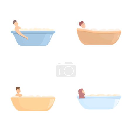 Set of cartoon illustrations featuring diverse people enjoying a relaxing bath time