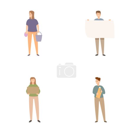Collection of four minimalistic illustrations showing diverse people with different items