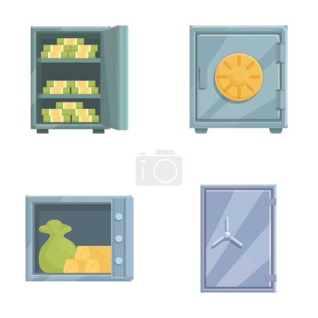 Ilustración de cuatro cajas fuertes diferentes que contienen dinero, oro y objetos de valor para el concepto de seguridad