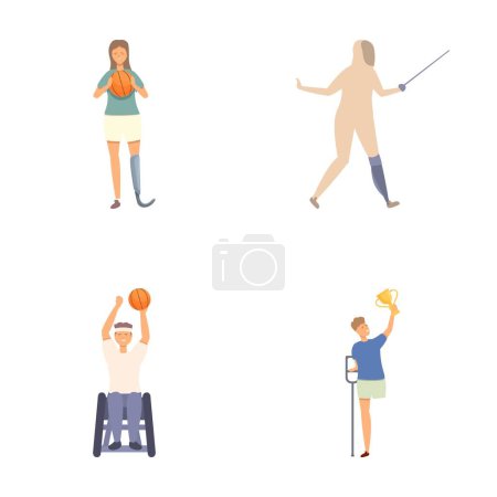 Illustration collection featuring individuals playing basketball, fishing, cheering, and holding a trophy