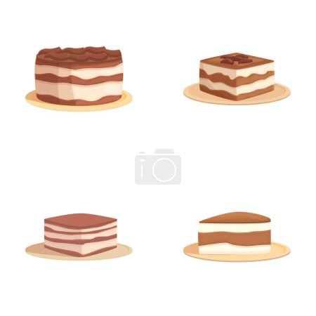 Collection de quatre délicieux gâteaux en couches de style dessin animé, isolés sur blanc