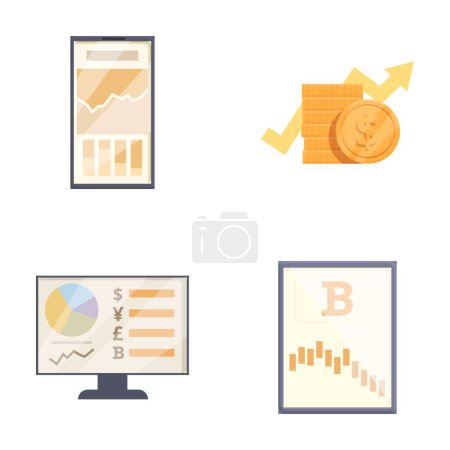 Collection d'icônes modernes de la finance numérique et de la crypto-monnaie, y compris les écrans mobiles et informatiques