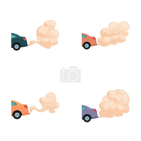 Set of four colorful animated cars emitting puffs of smoke, isolated on white background