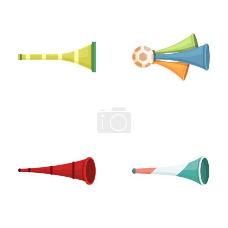 Colección de cuatro ilustraciones vectoriales aisladas de vuvuzelas coloridas, cuernos tradicionales de aficionados al fútbol