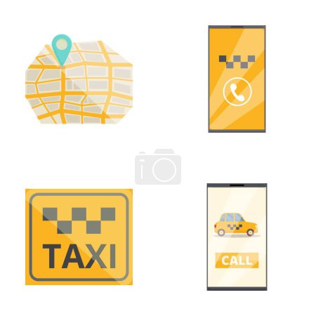 Collection de quatre icônes de conception plate représentant les services de taxi, y compris l'emplacement de la carte et appeler un taxi