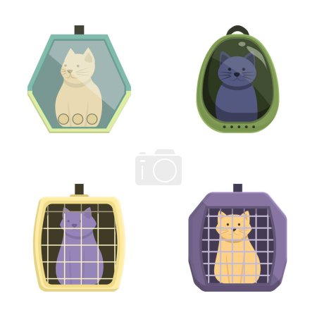 Colección de cuatro portadores de mascotas de dibujos animados de colores cada uno con una ilustración de gato diferente