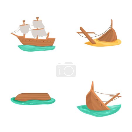 Set of four cartoon style watercraft illustrations, including a ship and boats
