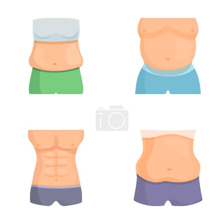 Illustration of male body transformation stages with weight loss and muscle gain. Showing different torso types. Flat design vector illustration for fitness journey. Health