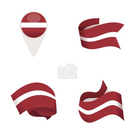 Collection of latvian flagthemed icons including a pin, ribbon, and abstract wave elements