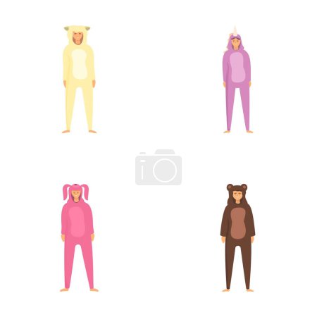 Set von vier Abbildungen mit Individuen in farbenfrohen Tierfiguren